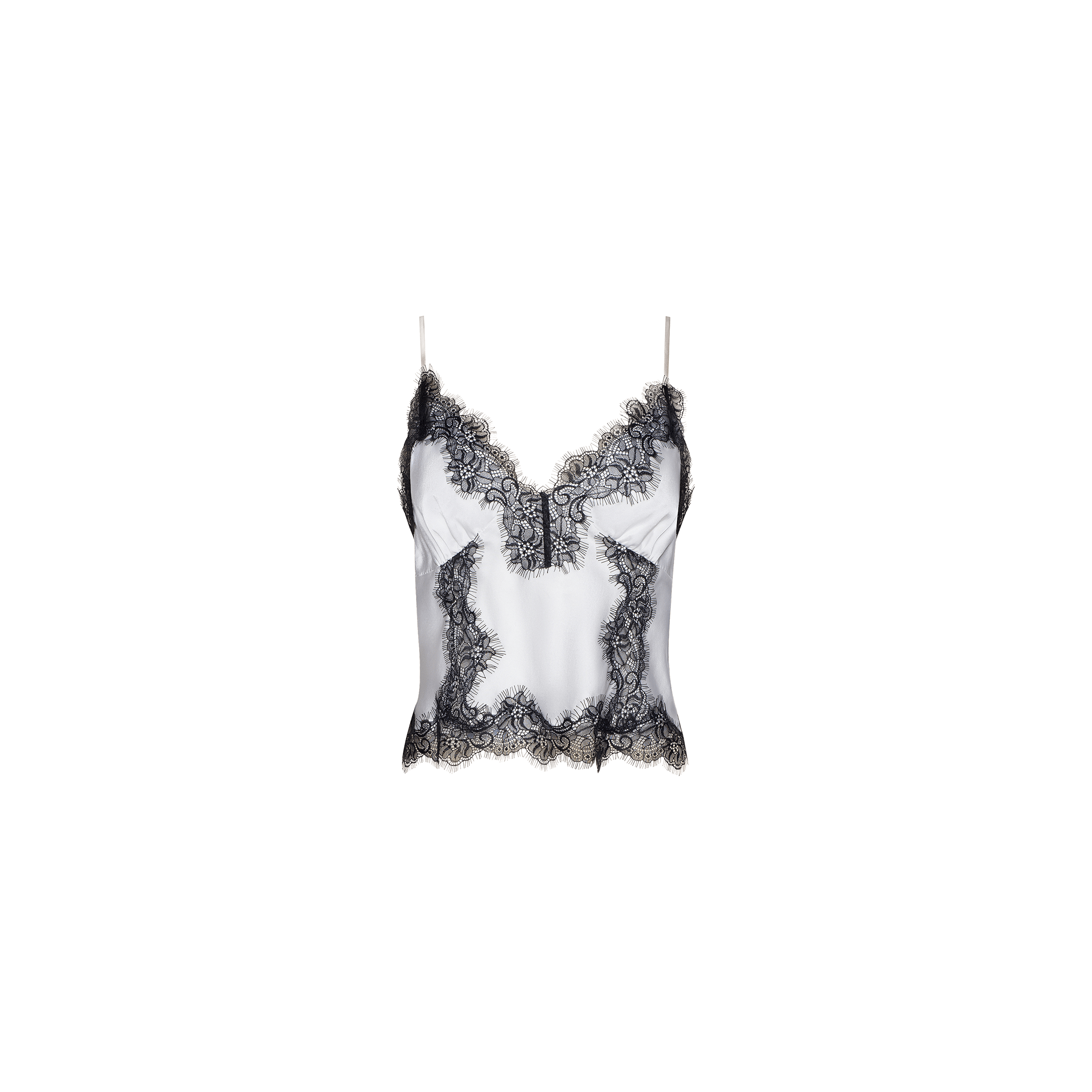 The Kimber Silk Lace Camisole is a white satin camisole with thin straps, featuring intricate black lace trim along the neckline, hem, and sides.