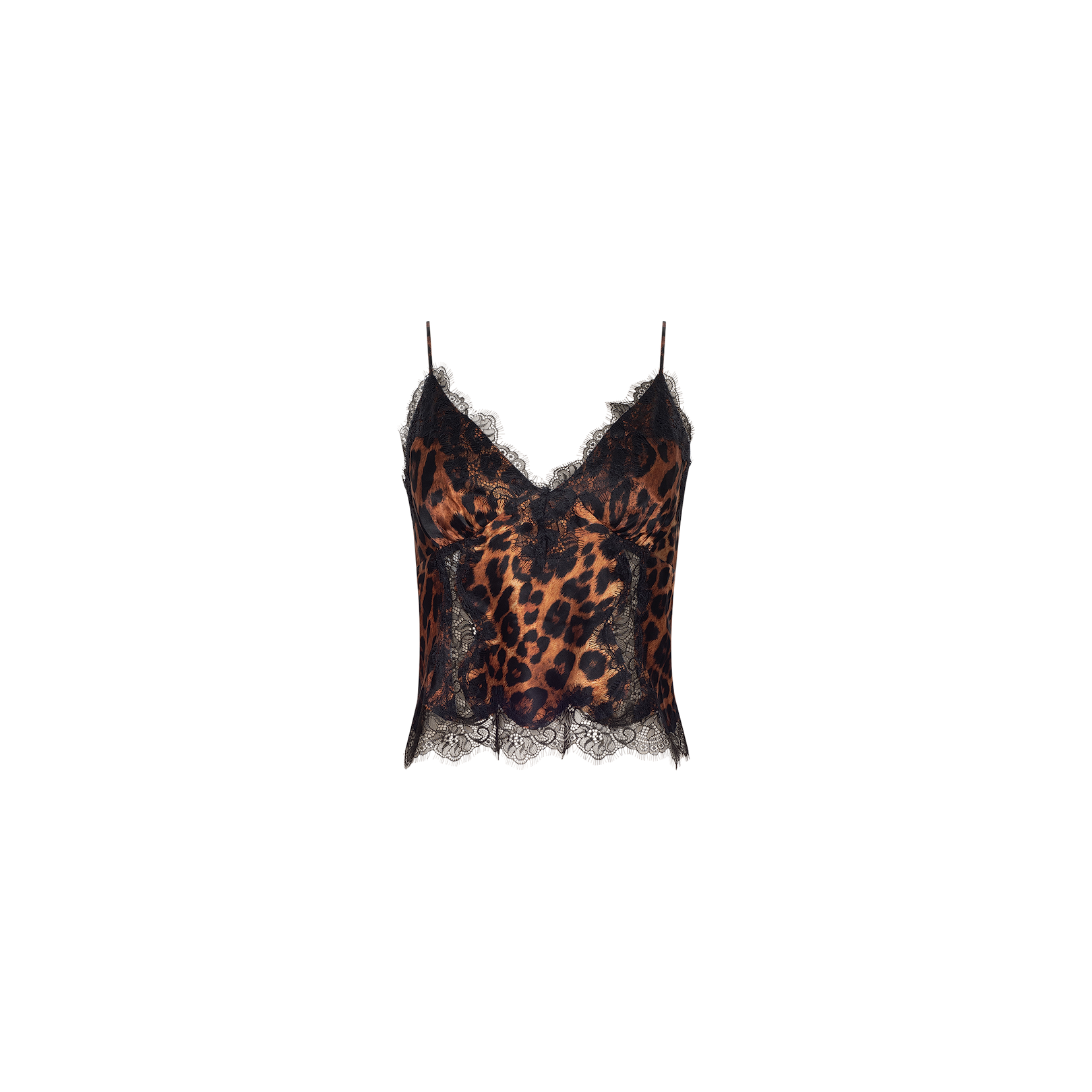 The Kimber Silk Lace Camisole features a striking leopard print with delicate black lace trim accenting the neckline and hem. Designed with thin spaghetti straps and a fitted, cropped silhouette, this camisole is showcased against a plain white background.