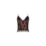 The Kimber Silk Lace Camisole features a striking leopard print with delicate black lace trim accenting the neckline and hem. Designed with thin spaghetti straps and a fitted, cropped silhouette, this camisole is showcased against a plain white background.