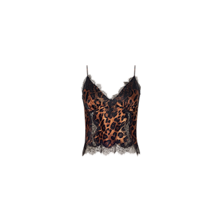 Kimber Silk Lace Camisole in a leopard print design, featuring black lace trim along the neckline and hem with slender spaghetti straps, displayed on a plain white background.