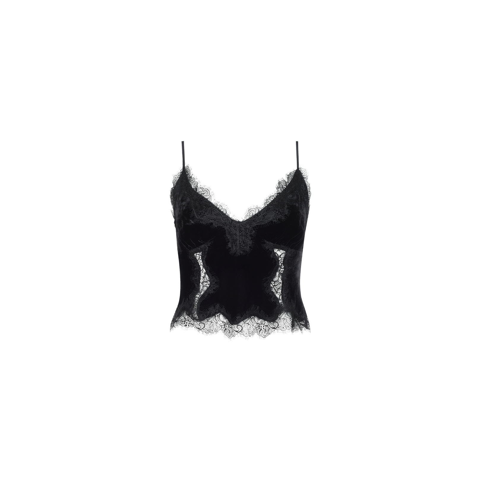 Kimber Velvet Lace Camisole featuring black velvet fabric, thin straps, and delicate lace trim along the neckline and hem, displayed on a white background.