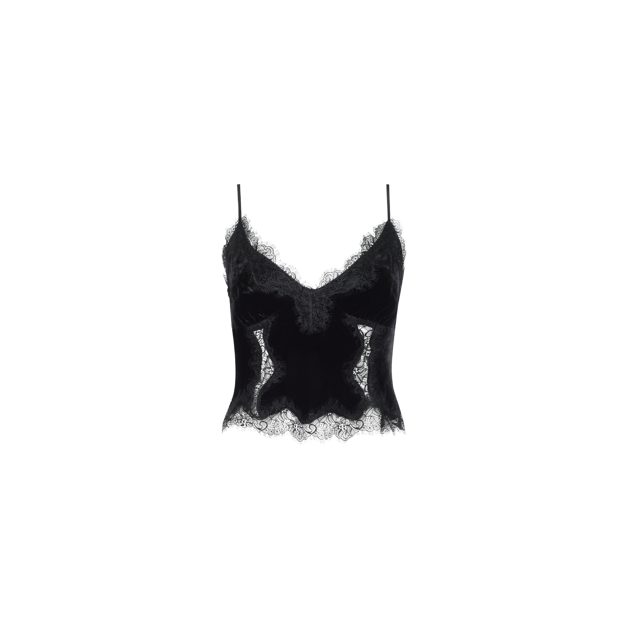 Kimber Velvet Lace Camisole featuring black velvet fabric, thin straps, and delicate lace trim along the neckline and hem, displayed on a white background.