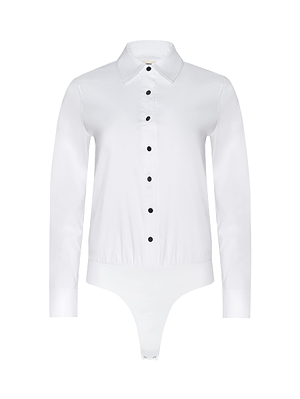The Blake Bodysuit is a long-sleeve white organic cotton bodysuit with a pointed collar, black front buttons, and snap closures at the crotch for a close fit.