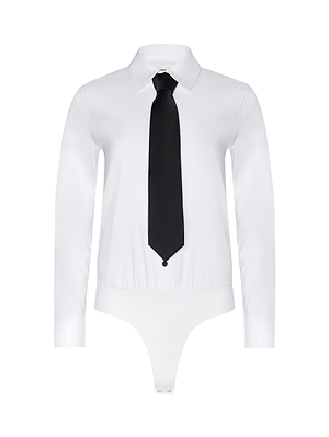 The Blake Bodysuit is a white, long sleeve button-down shirt style bodysuit with a black removable tie and an easy bottom snap closure.