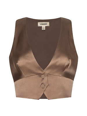 The Devony Silk Vest is a brown silk charmeuse cropped vest featuring a deep V-neck, two front buttons, and the LAGENCE label—an elegant tailored piece ideal as an evening top for women.