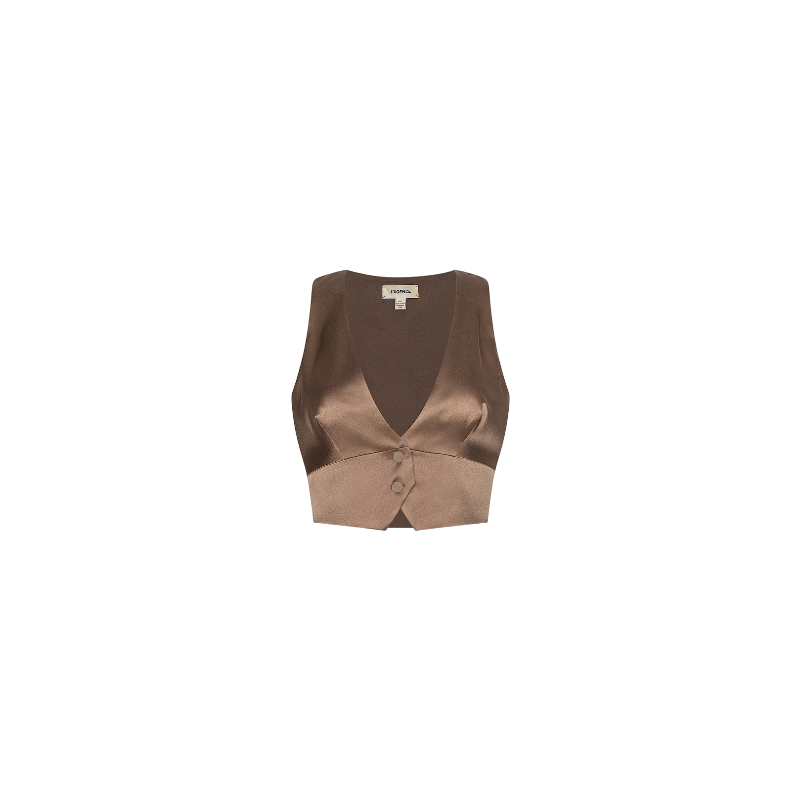The Devony Silk Vest, crafted from brown silk charmeuse, features a deep plunge neckline, front button closure, and a small bow detail, shown against a plain white background.