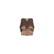 The Devony Silk Vest, crafted from brown silk charmeuse, features a deep plunge neckline, front button closure, and a small bow detail, shown against a plain white background.