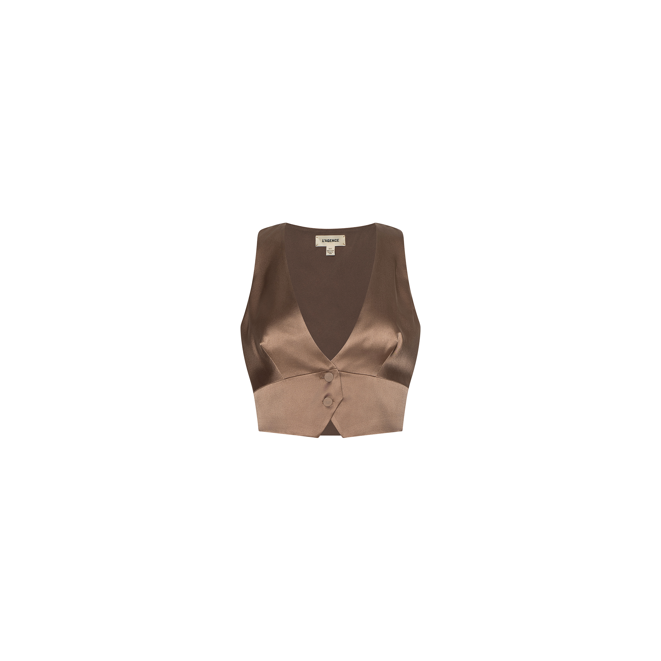 The Devony Silk Vest, crafted from brown silk charmeuse, features a deep plunge neckline, front button closure, and a small bow detail, shown against a plain white background.