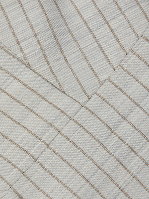 Close-up of the Devony Pinstriped Vest's light gray fabric with thin beige stripes forming a subtle geometric pattern—perfect for office wear. The fabric's texture is slightly visible.