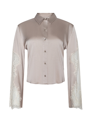 The Capri Lace Sleeve Blouse features a light taupe satin fabric, relaxed fit, classic collar, button-down front, and long lace bell sleeves for a modern bohemian look with elegant details.