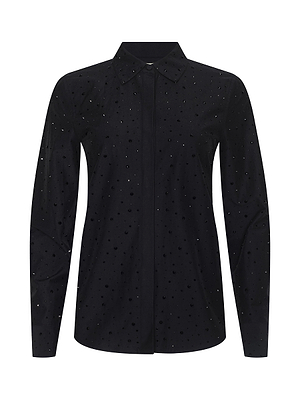 The Ellery Crystal Shirt by L’AGENCE is a black long-sleeve poplin shirt with a collar, featuring an all-over subtle dotted pattern for added texture and style.
