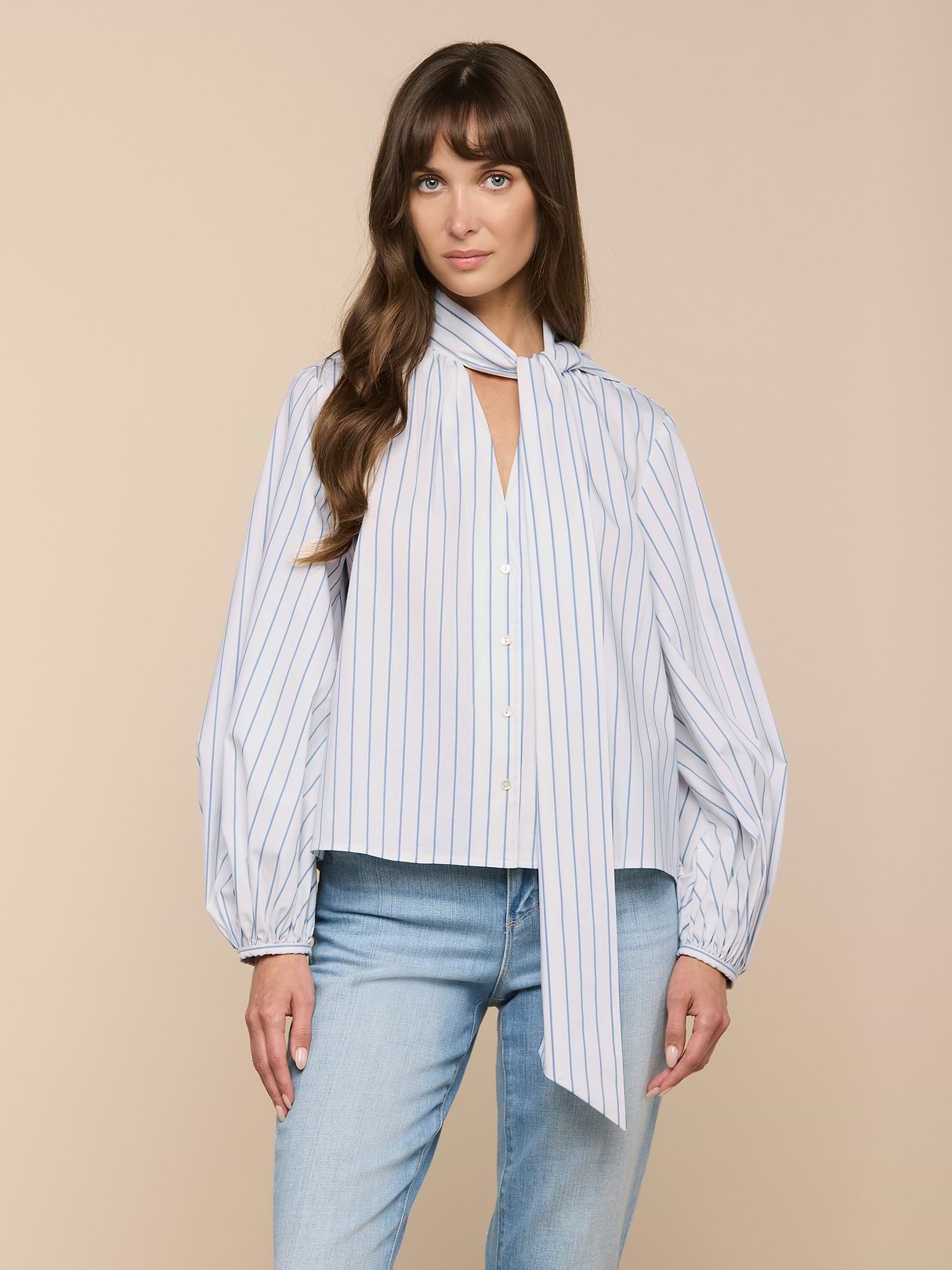 Deon Tie-Neck Blouse in White/Thin Blue Mist Stripe | L'AGENCE