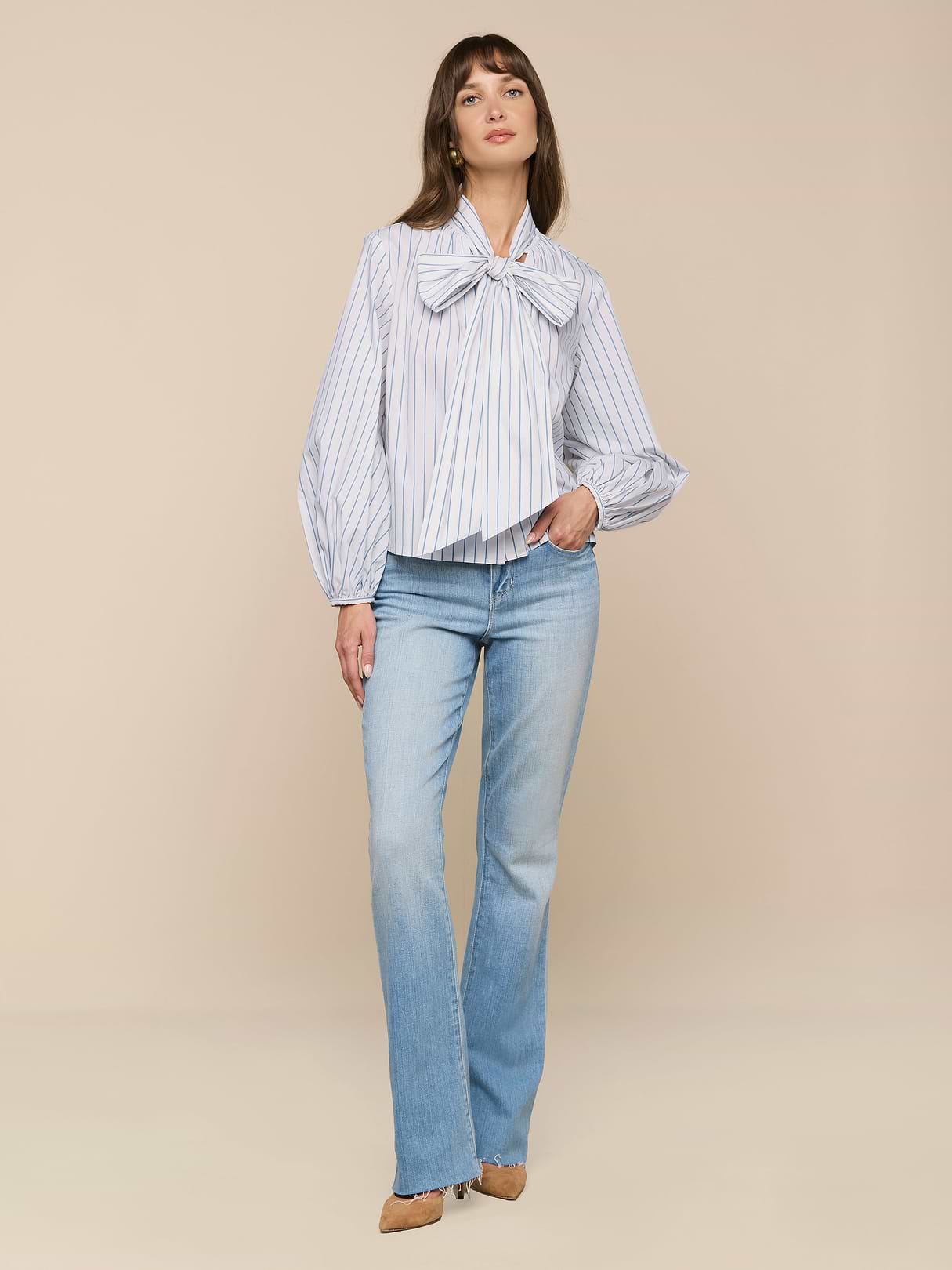 Deon Tie-Neck Blouse in White/Thin Blue Mist Stripe | L'AGENCE
