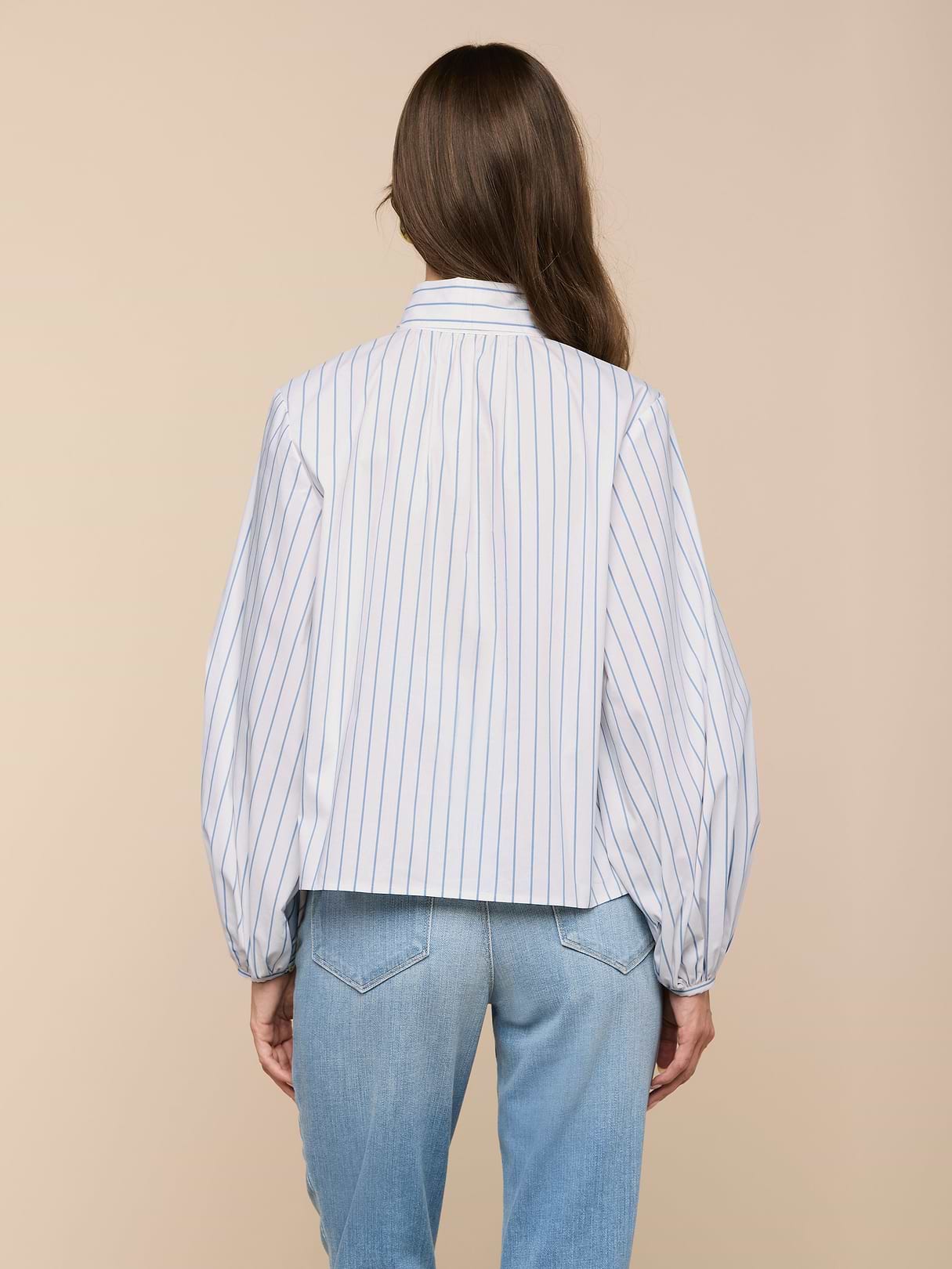 Deon Tie-Neck Blouse in White/Thin Blue Mist Stripe | L'AGENCE