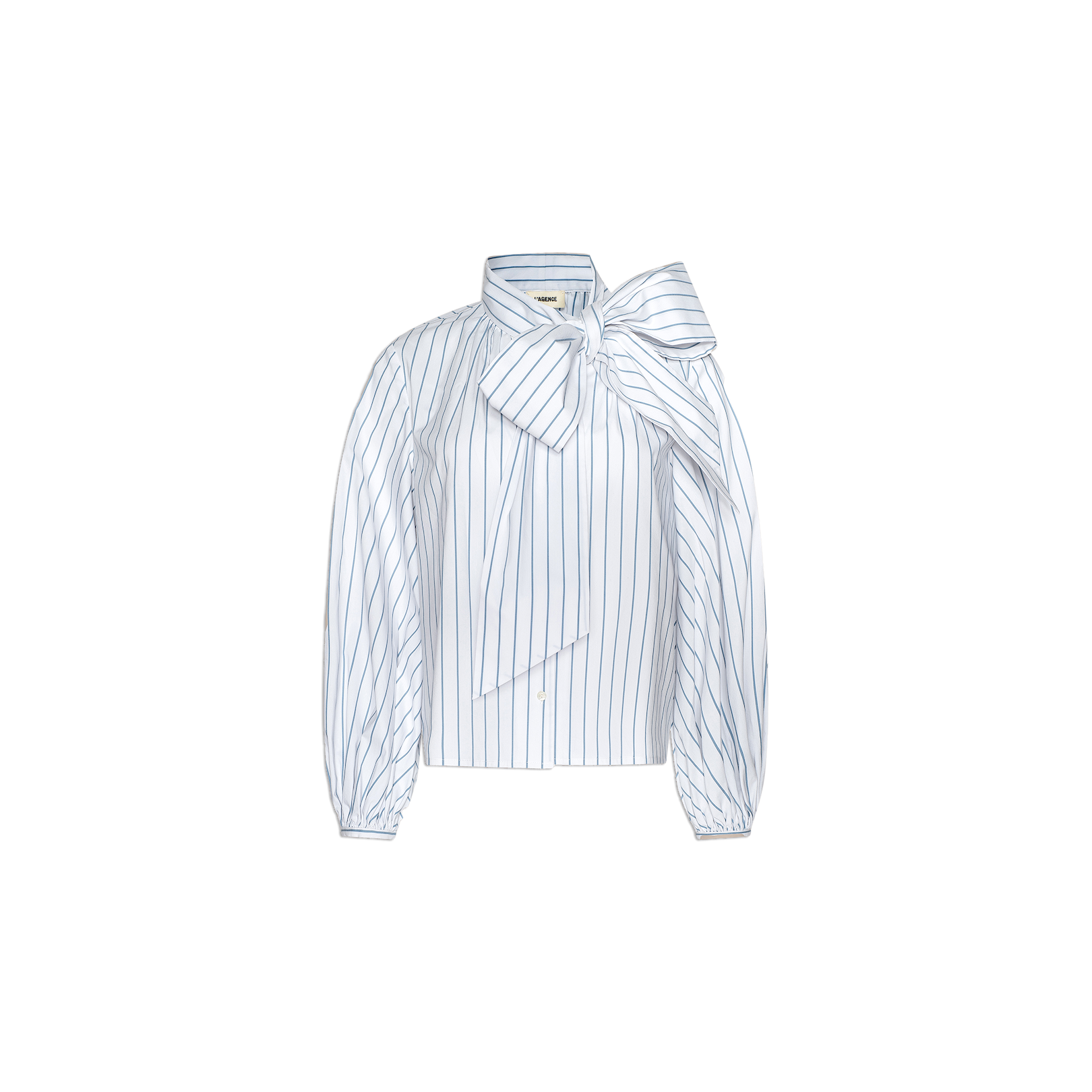 The Deon Tie-Neck Blouse is a white long-sleeve blouse made from a soft organic cotton-blend, featuring thin vertical blue stripes, blouson sleeves, and a large oversized neck tie bow.