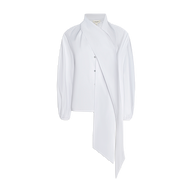 Introducing the Deon Tie-Neck Blouse, a white blouse crafted from organic cotton poplin. This piece features long blouson sleeves, a button front, and a dramatic asymmetrical draped tie-neck panel that extends from the collar down the front.
