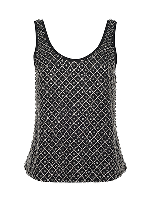 The Ziggy Crystal Tank by L'AGENCE is a sleeveless black top adorned with an all-over diamond-patterned design of shiny silver rhinestones on the front and sides.