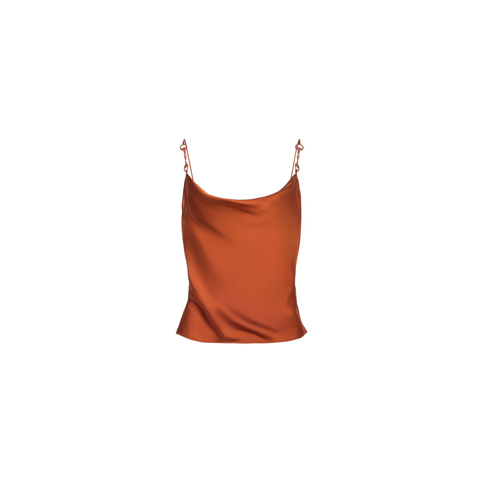 The Calista Satin Camisole features a cropped silhouette in a luxurious rust satin, finished with delicate adjustable spaghetti straps, and is shown against a plain white background.
