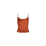 The Calista Satin Camisole features a cropped silhouette in a luxurious rust satin, finished with delicate adjustable spaghetti straps, and is shown against a plain white background.
