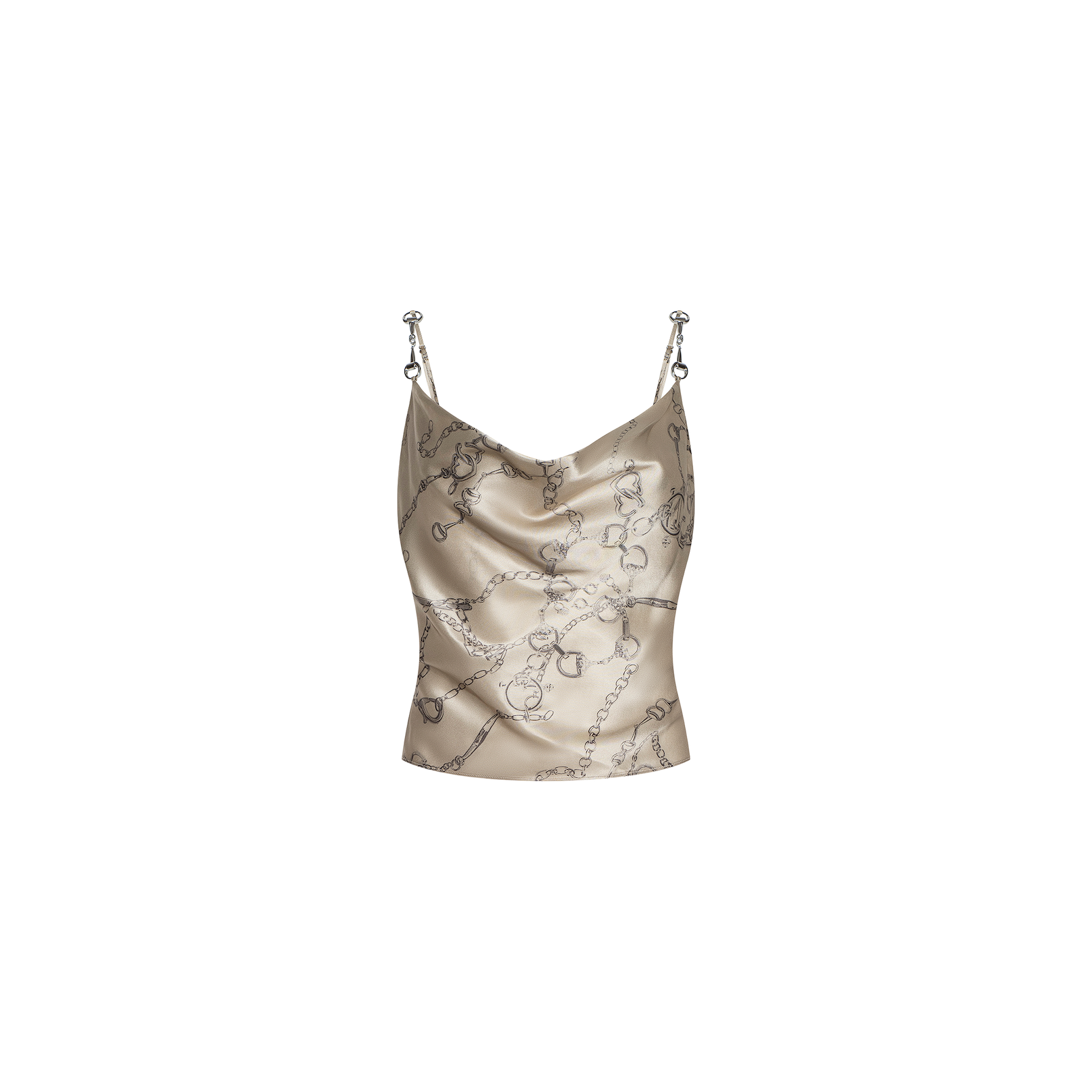 The Calista Silk Camisole is a beige cropped top featuring a cowl neckline, thin shoulder straps, and an elegant horse bit chain print on the fabric. Shown against a plain white background.