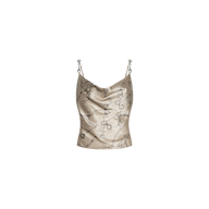 The Calista Silk Camisole is a beige cropped top featuring a cowl neckline, thin shoulder straps, and an elegant horse bit chain print on the fabric. Shown against a plain white background.