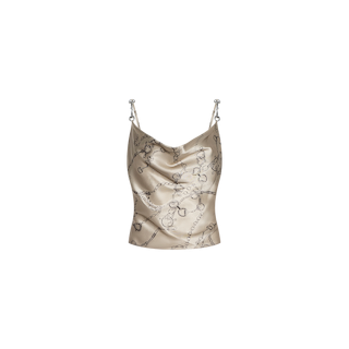 Calista Silk Camisole in beige satin, featuring thin chain straps and a draped neckline, adorned with a subtle horse bit chain print on the front. Set against a plain white background.