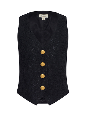 The Kino Lace Vest is a black lace vest with modern tailoring, featuring a v-neckline and four large gold buttons on the front, shown against a white background.