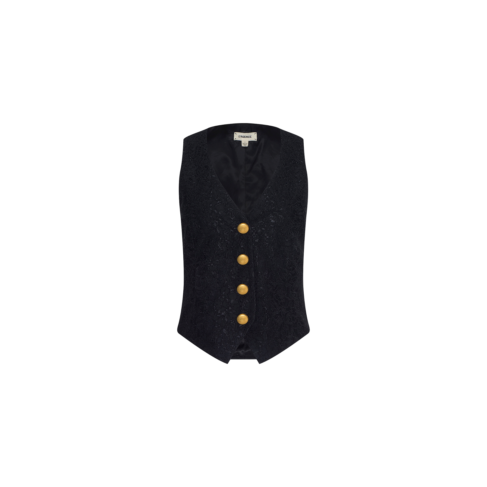 Kino Lace Vest in black brocade, featuring a deep V-neckline, four oversized gold buttons down the front, and modern tailoring, shown against a plain white background.