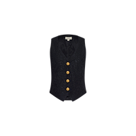 Kino Lace Vest in black brocade, featuring a deep V-neckline, four oversized gold buttons down the front, and modern tailoring, shown against a plain white background.