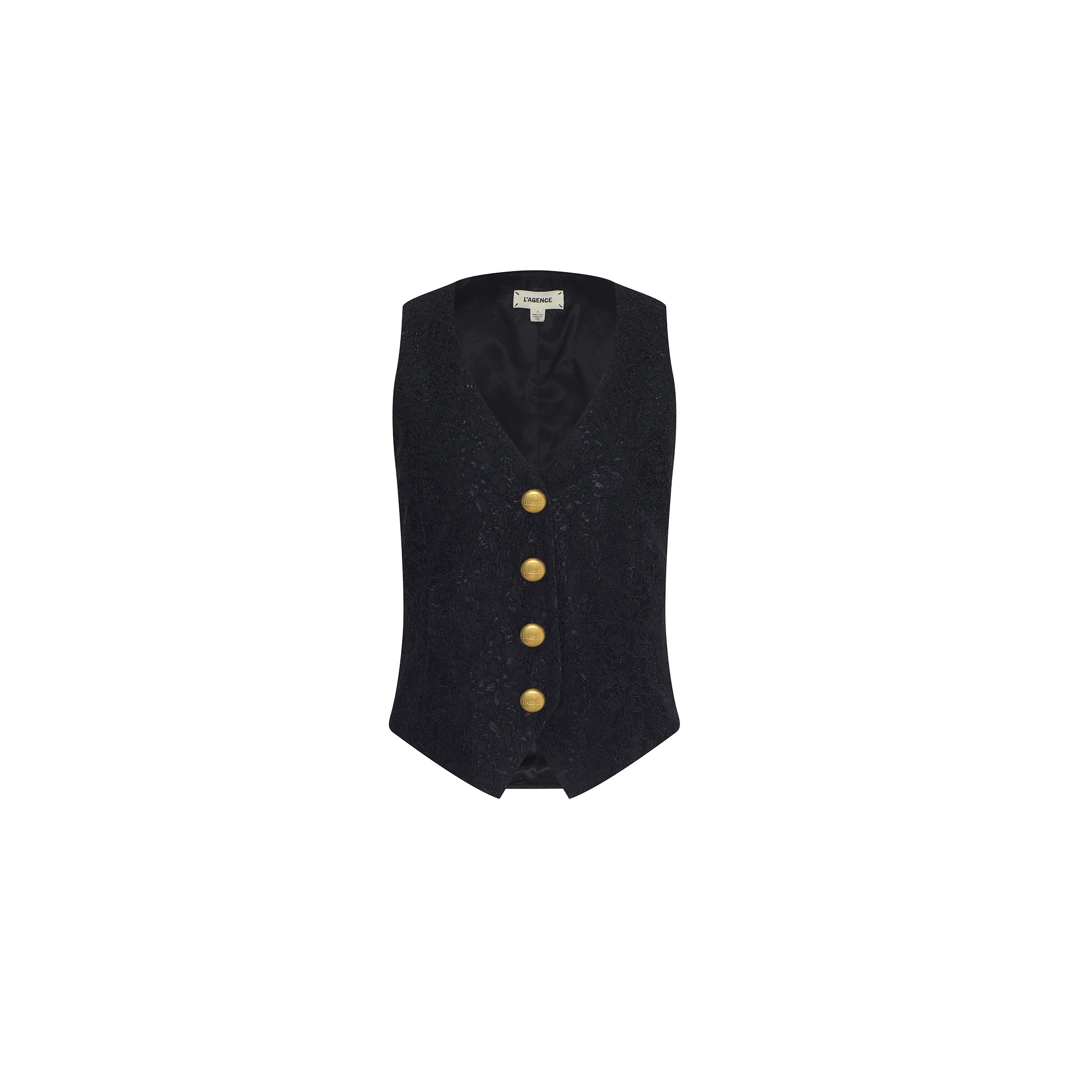 Kino Lace Vest in black brocade, featuring a deep V-neckline, four oversized gold buttons down the front, and modern tailoring, shown against a plain white background.