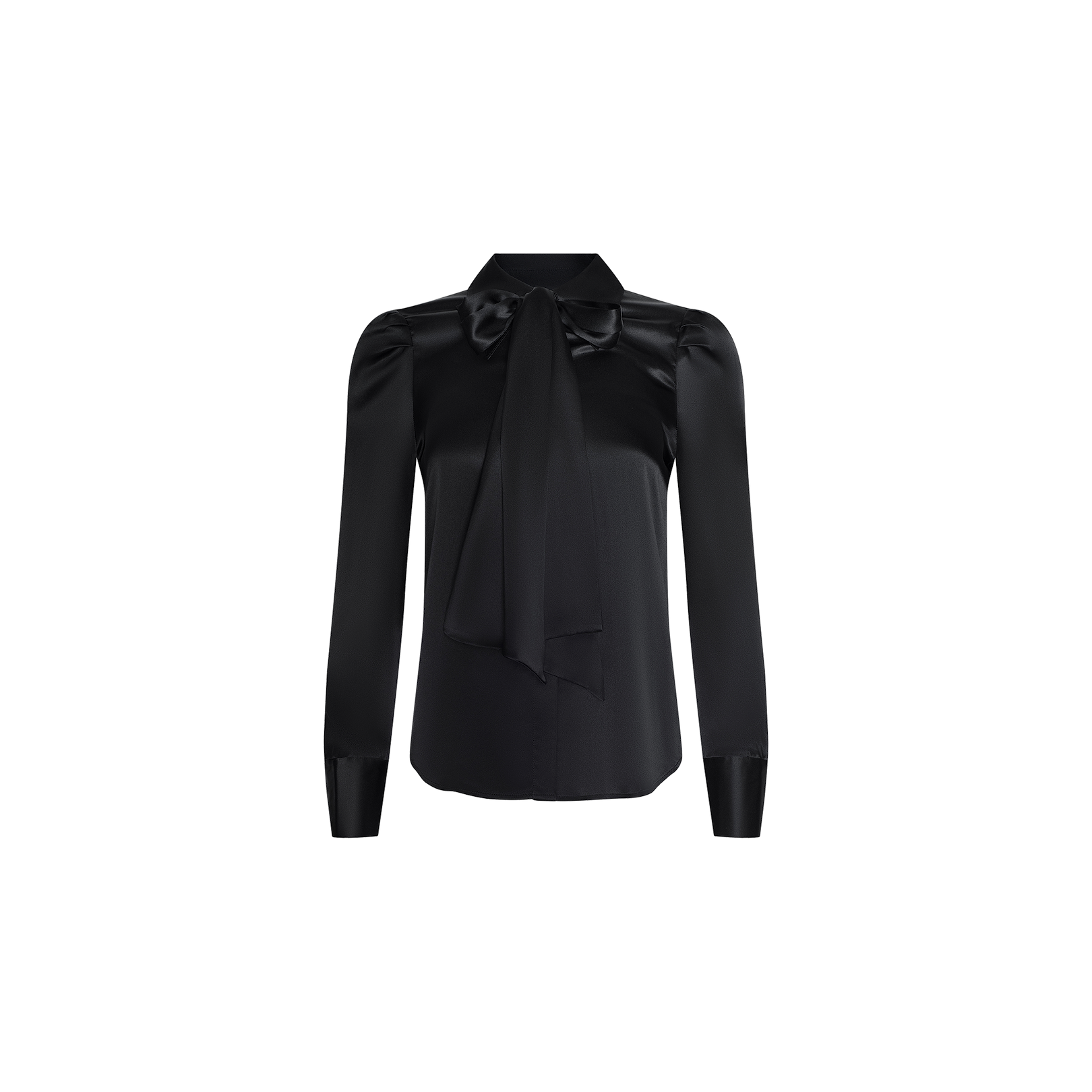 The Honey Silk Blouse is a black, long-sleeve shirt crafted from satin-like silk, featuring a large bow tie at the collar and buttoned cuffs. It is displayed on a white background.