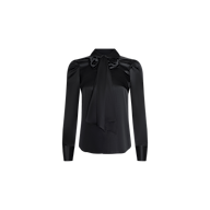 The Honey Silk Blouse is a black long-sleeve top featuring a tie neck with a large bow, structured shoulders, and buttoned cuffs, displayed on a plain white background.
