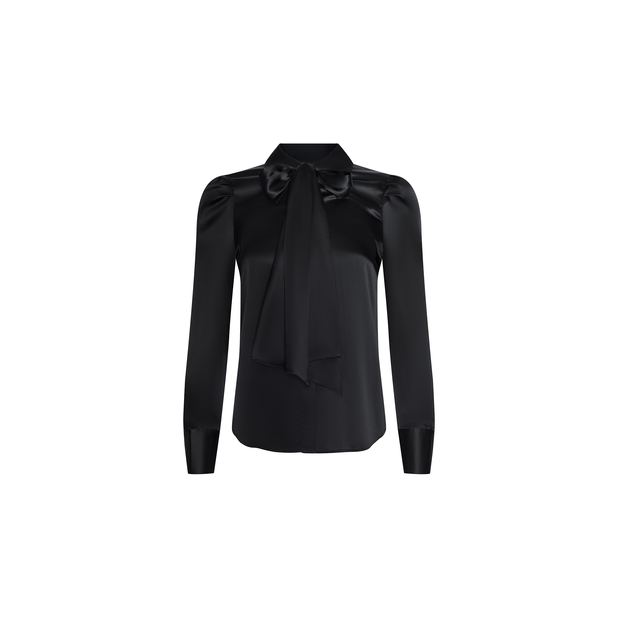 The Honey Silk Blouse is a black long-sleeve top featuring a tie neck with a large bow, structured shoulders, and buttoned cuffs, displayed on a plain white background.