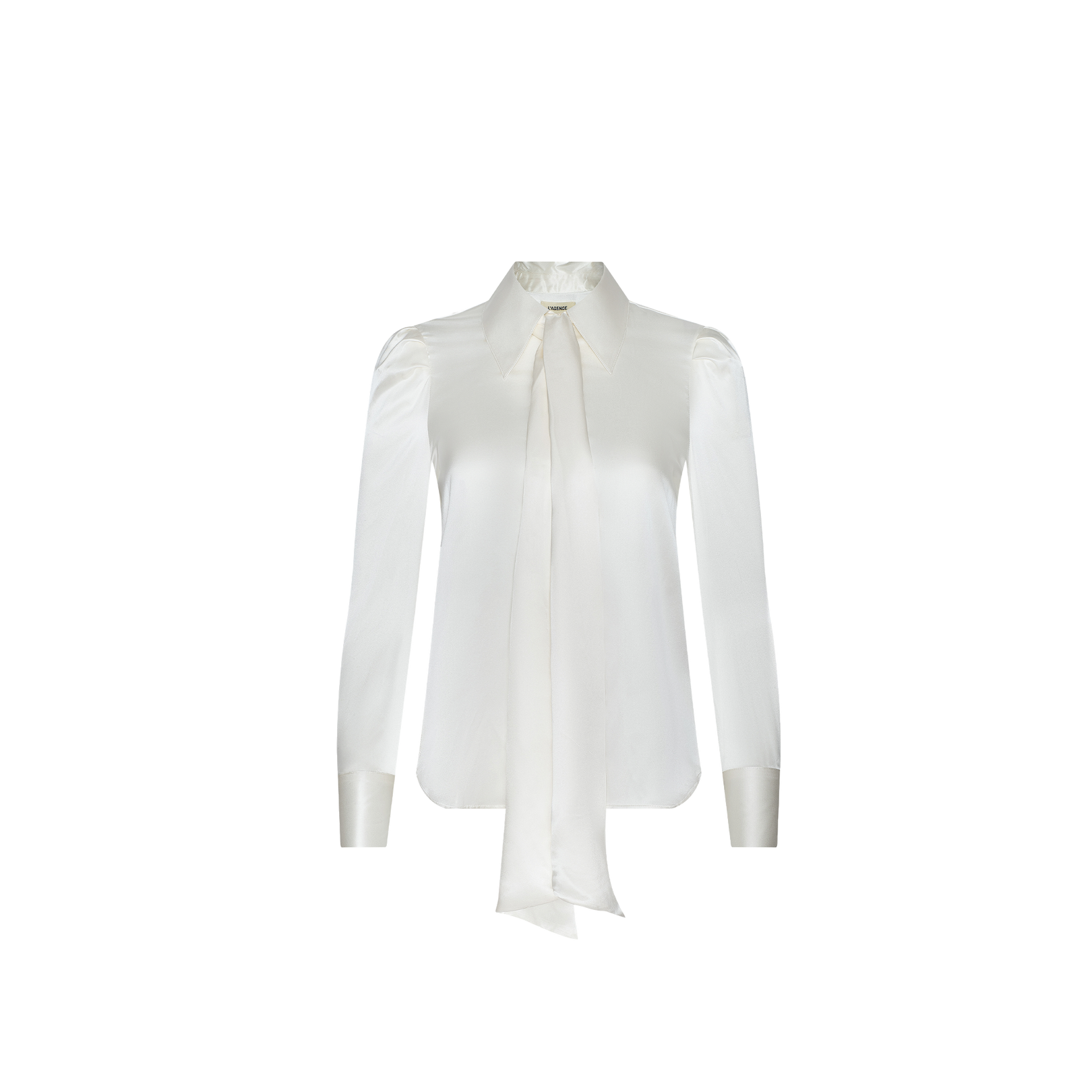The Honey Silk Blouse is a white charmeuse top featuring long sleeves, buttoned cuffs, and a necktie bow detail, showcased against a plain white background.