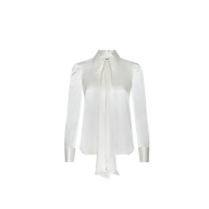 The Honey Silk Blouse is a white charmeuse top featuring long sleeves, buttoned cuffs, and a necktie bow detail, showcased against a plain white background.