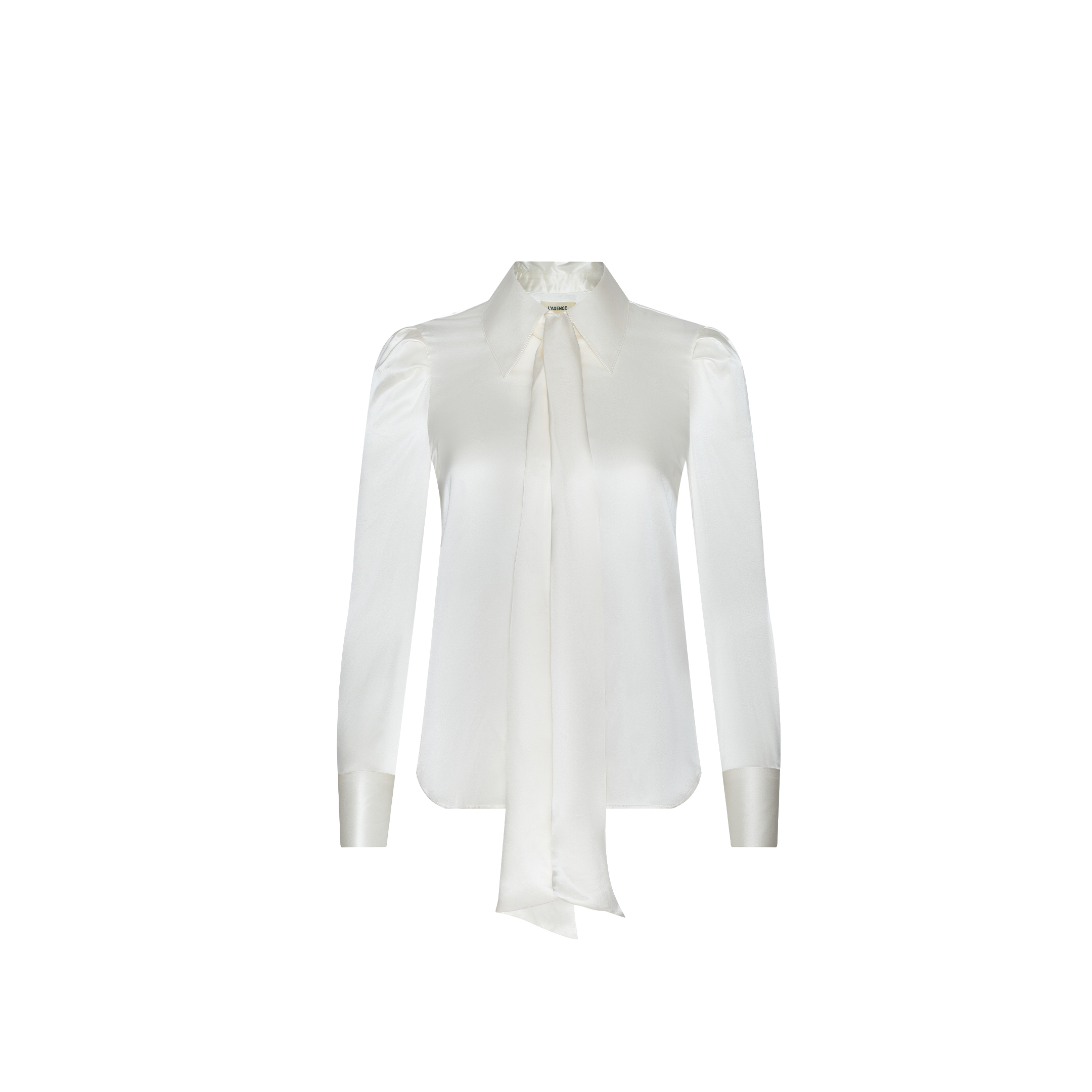 The Honey Silk Blouse is a white charmeuse top featuring long sleeves, buttoned cuffs, and a necktie bow detail, showcased against a plain white background.