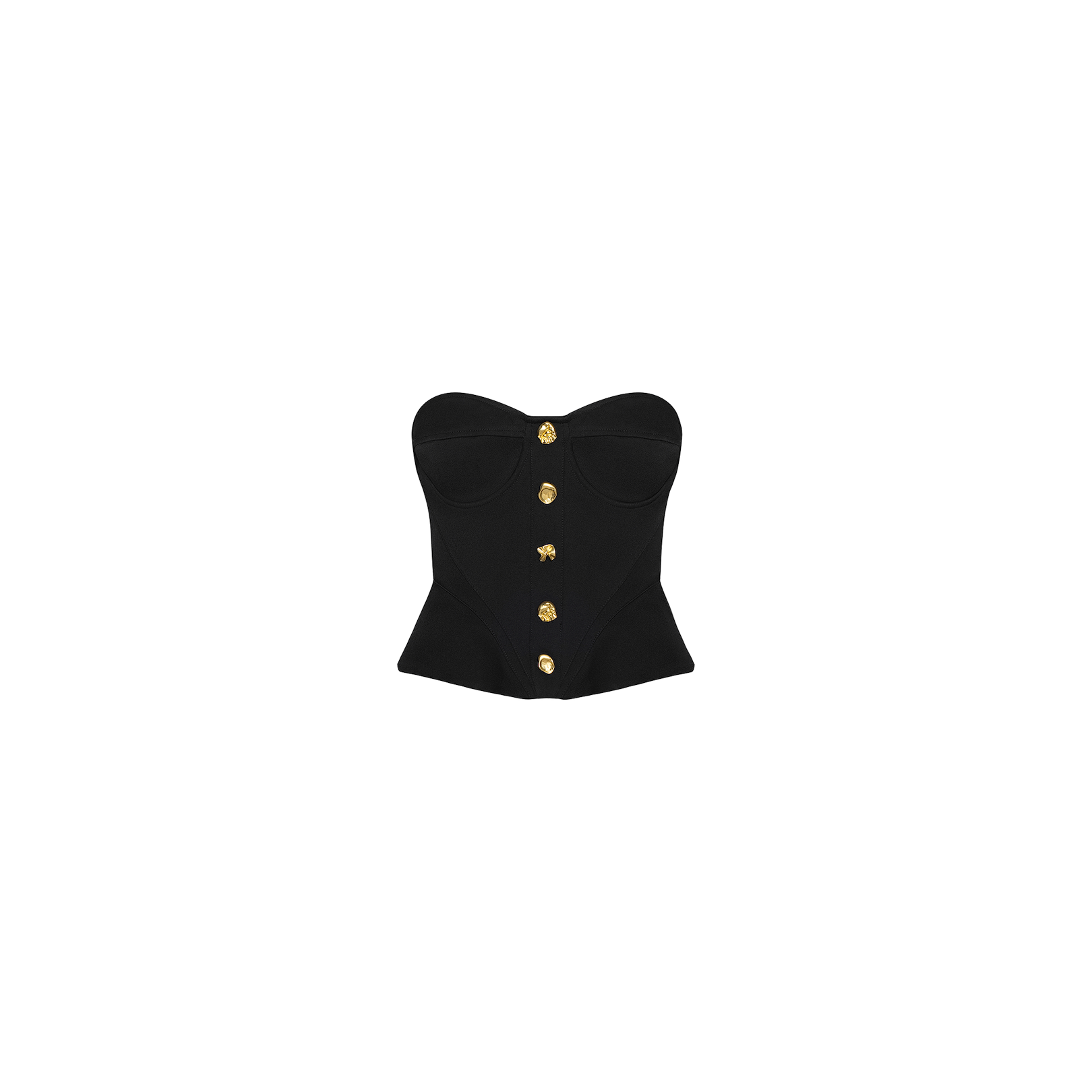 The Anna Corset Top is a black strapless bustier featuring structured cups and five gold buttons down the front, creating a sculptural silhouette that’s perfect for a night out. It is displayed on a plain white background.