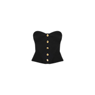 Introducing the Anna Corset Top: a black strapless style featuring structured cups, contoured seams, and five gold buttons down the front. With its sculptural silhouette, this high-fashion top stands out beautifully against a plain white background.