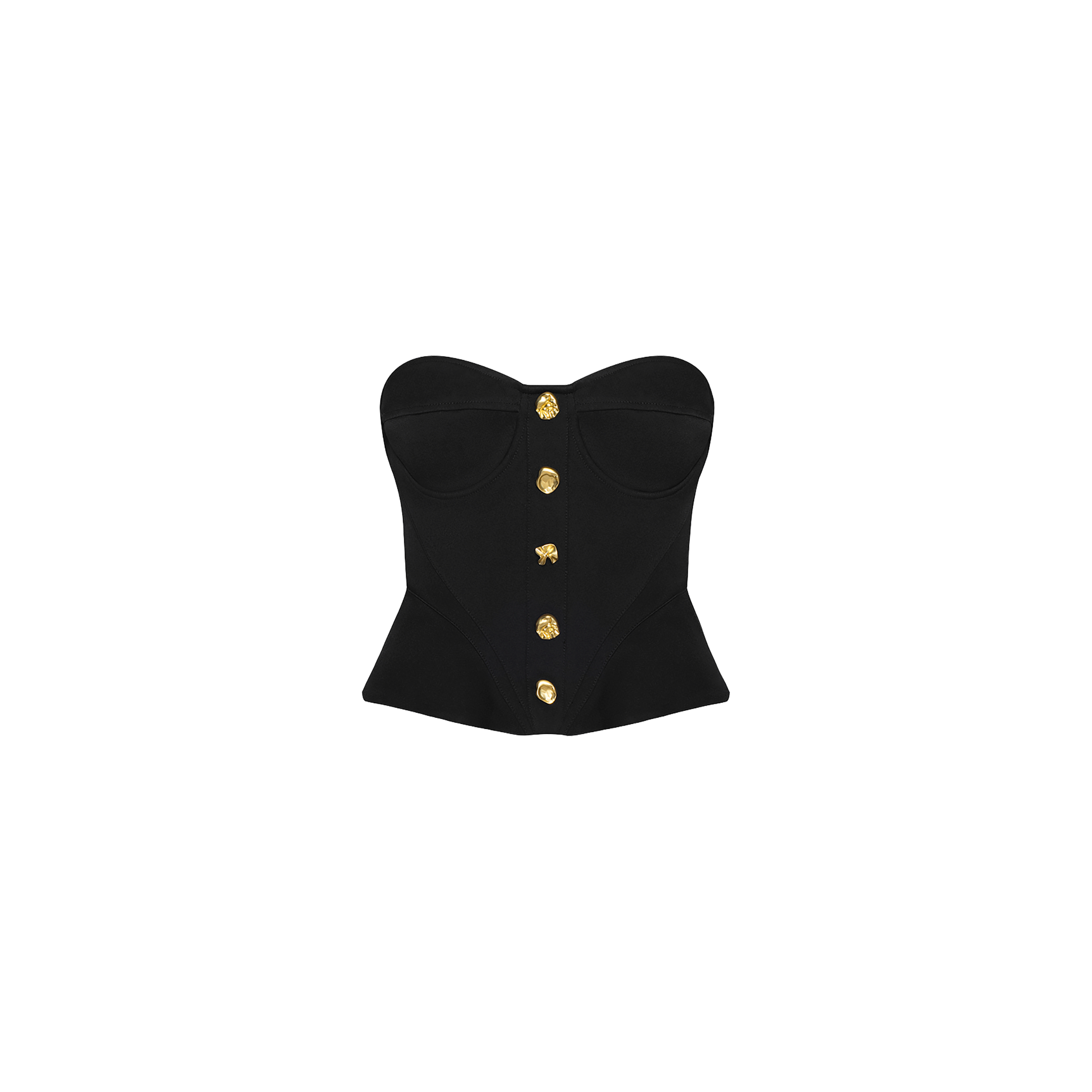 Introducing the Anna Corset Top: a black strapless style featuring structured cups, contoured seams, and five gold buttons down the front. With its sculptural silhouette, this high-fashion top stands out beautifully against a plain white background.