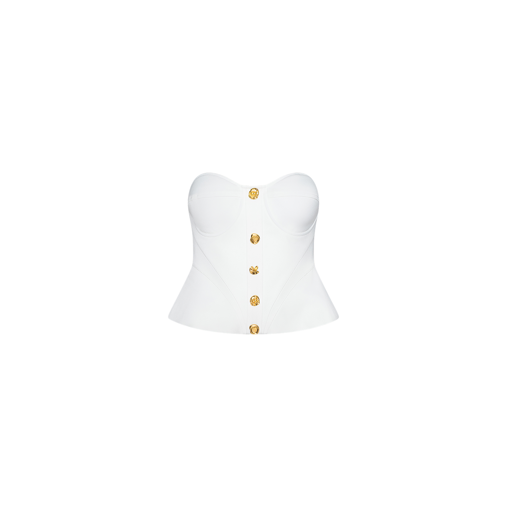 Presenting the Anna Corset Top: a strapless white bustier peplum top adorned with gold buttons down the front and expertly fitted at the waist to create a sculptural silhouette. The product is photographed against a plain white background.