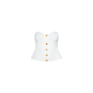 Presenting the Anna Corset Top: a strapless white bustier peplum top adorned with gold buttons down the front and expertly fitted at the waist to create a sculptural silhouette. The product is photographed against a plain white background.