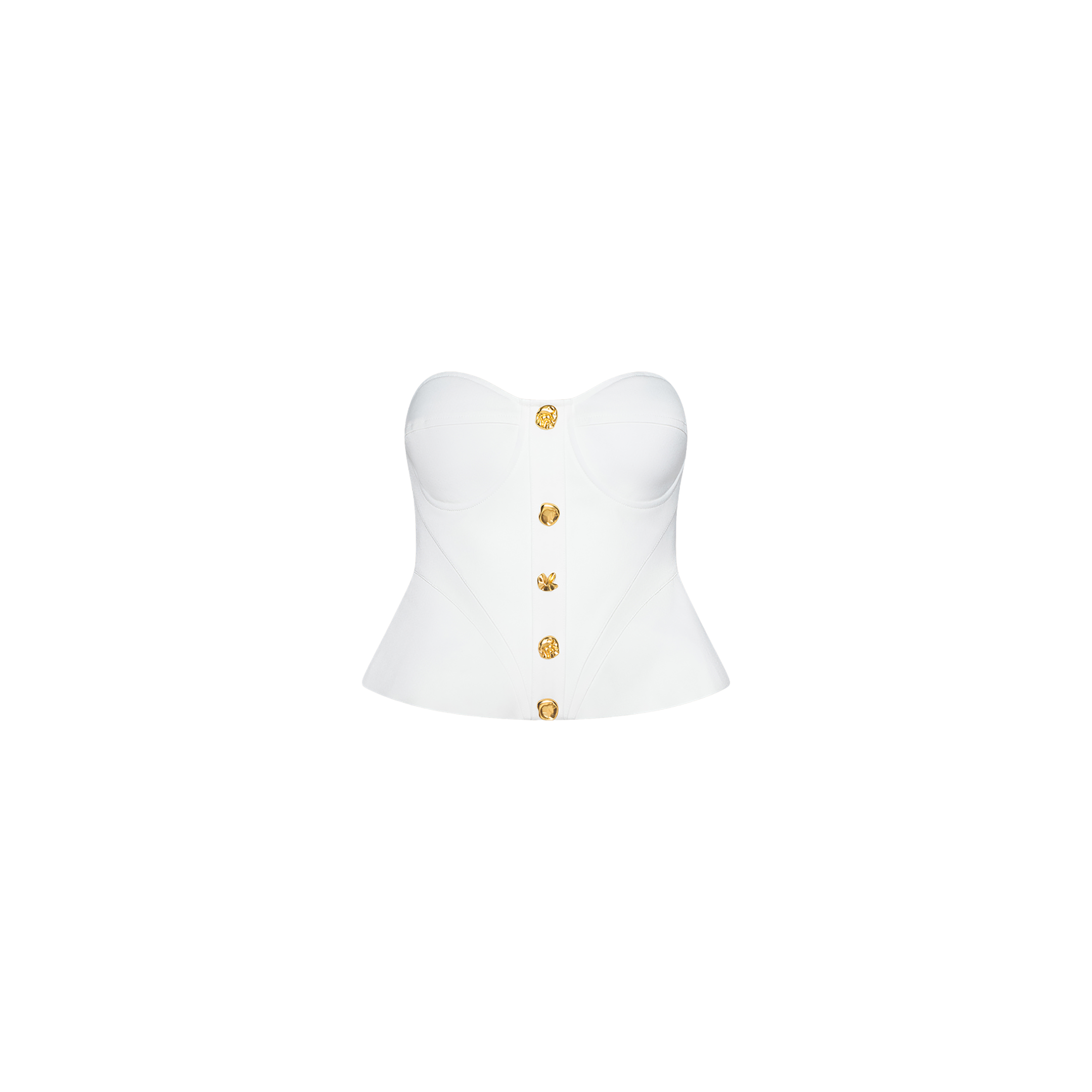 Presenting the Anna Corset Top: a strapless white bustier peplum top adorned with gold buttons down the front and expertly fitted at the waist to create a sculptural silhouette. The product is photographed against a plain white background.