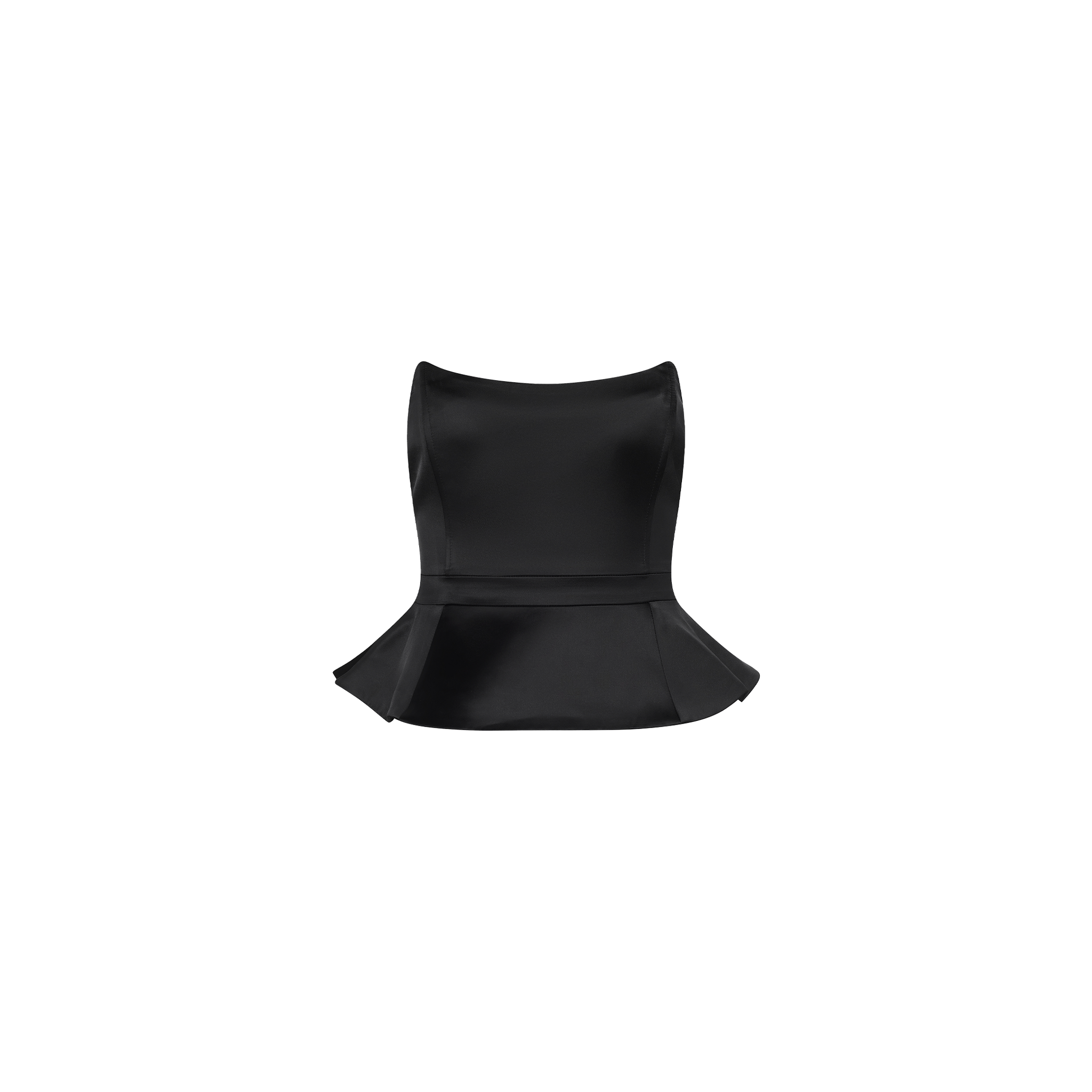 Meliora Corset Peplum Top featuring a black strapless design with a flared waist.