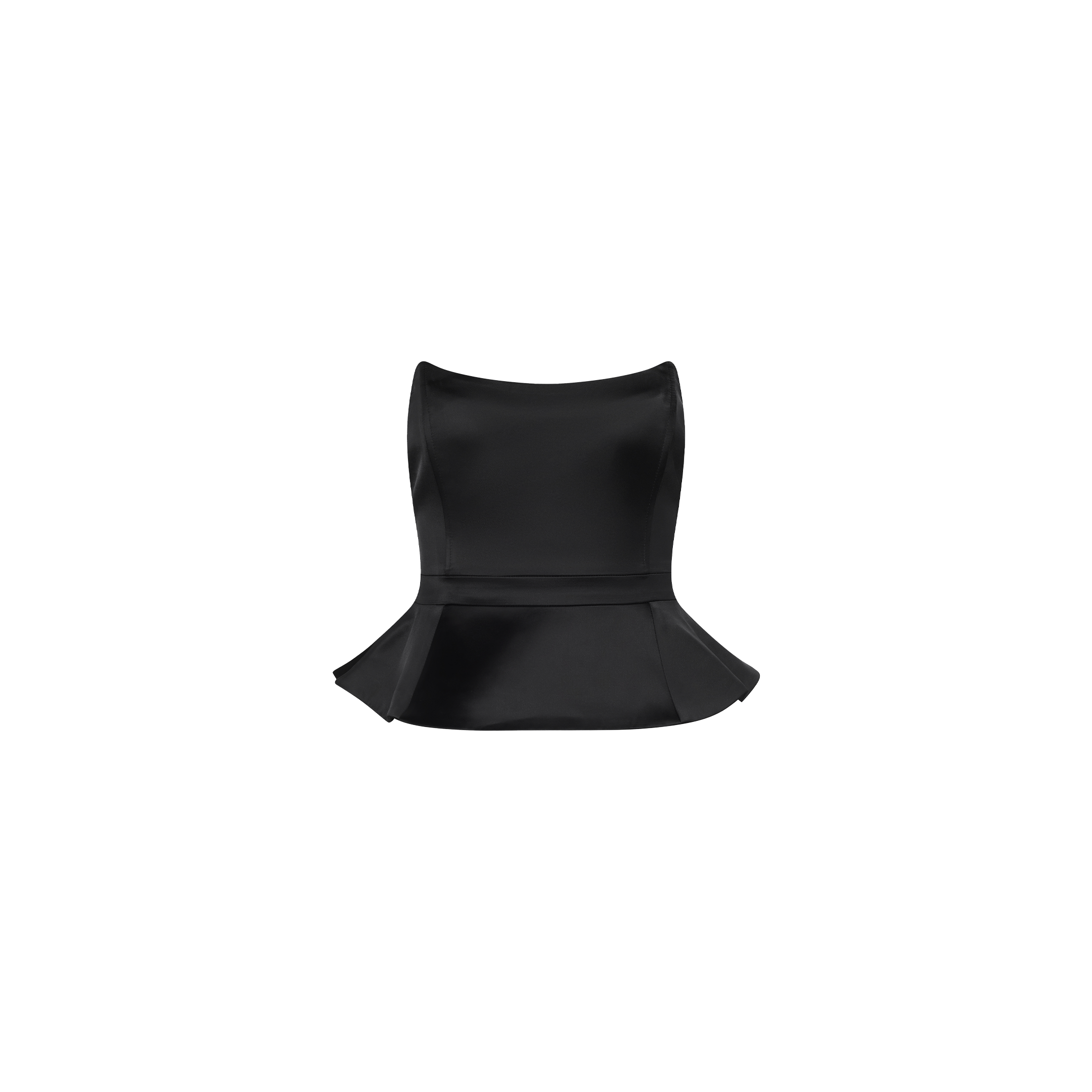 Meliora Corset Peplum Top featuring a black strapless design with a flared waist.