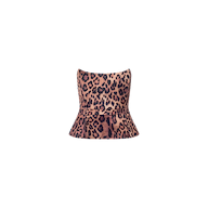 The Meliora Corset Peplum Top is a strapless design featuring a brown and black leopard print pattern, showcased against a plain white background.
