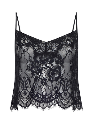 The Caylee Lace Camisole by L'AGENCE is a black floral lace top with thin spaghetti straps, intricate patterns, and scalloped edges along the hem for a delicate, sheer finish.