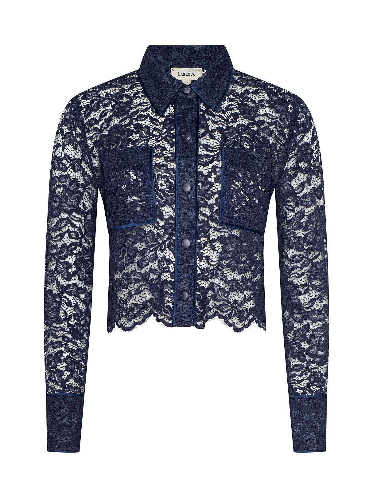 マメ　Floral Lace-Sleeve Classic Top - navy Mame Kurogouchi マメ クロゴウチ｜Floral Lace-Sleeve Classic Top