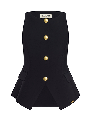 The Tessa Vest is a black, sleeveless, tailored-fit vest made from stretch suit fabric. It features four large gold buttons, flap waist pockets, a high collar, and a L’AGENCE label at the neckline.