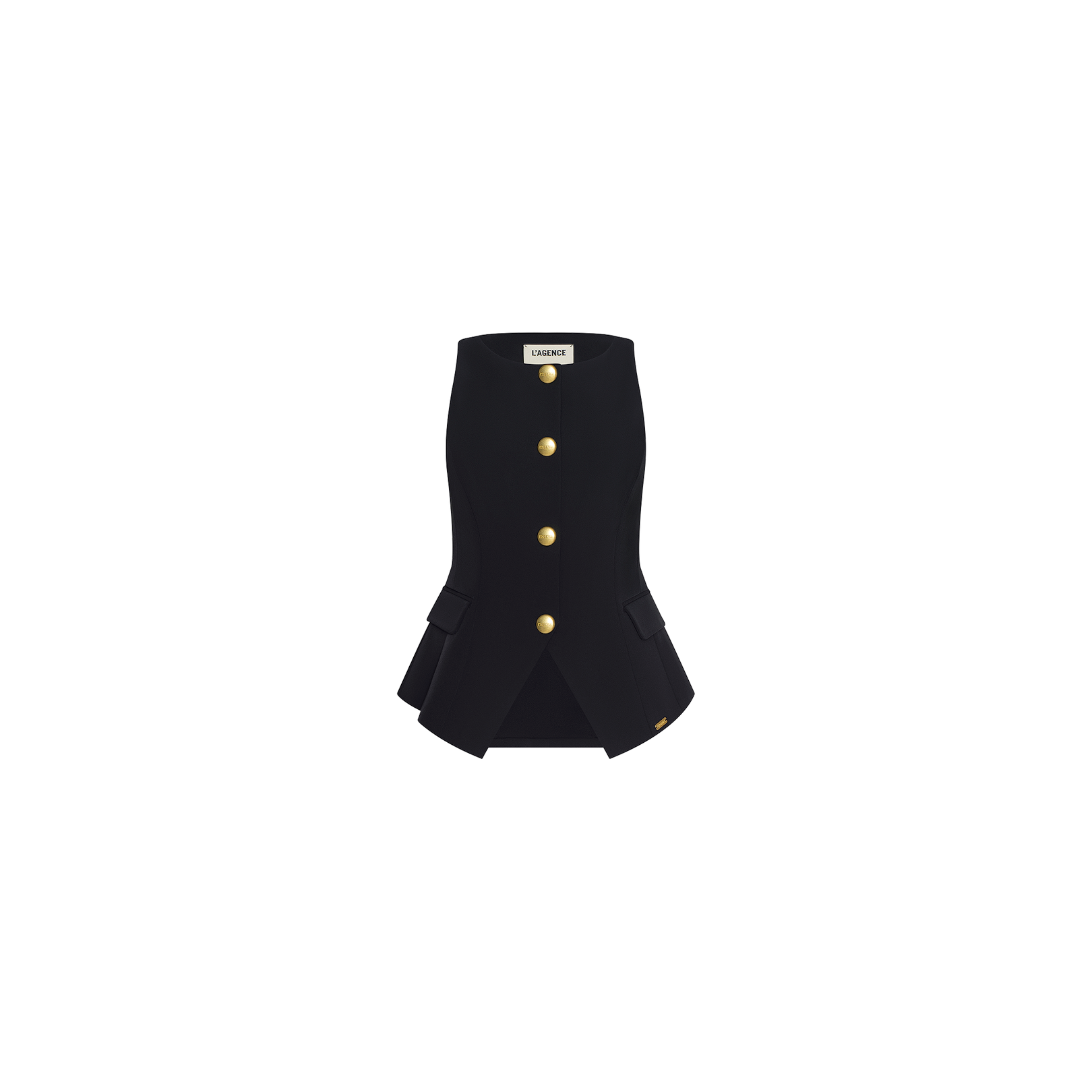 The Tessa Vest is a sleeveless black suit vest crafted from stretch suit fabric, featuring gold buttons, front pockets, and a TOM FORD label at the neck, displayed on a plain white background.