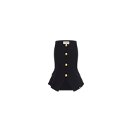 The Tessa Vest is a sleeveless black suit vest crafted from stretch suit fabric, featuring gold buttons, front pockets, and a TOM FORD label at the neck, displayed on a plain white background.
